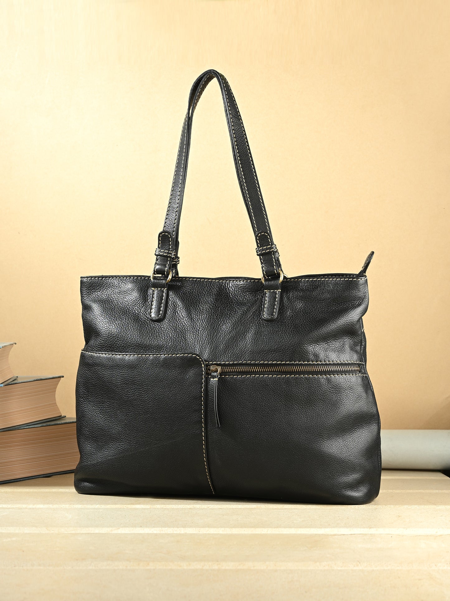 Velora Midnight Black Leather Tote Bag